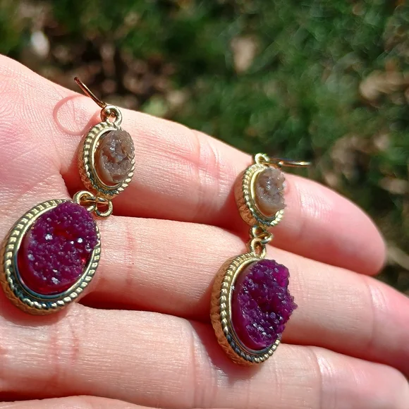 GORGEOUS maroon and mocha, faux druzy double drop earrings, whimsy gothic, boho - Picture 7 of 10